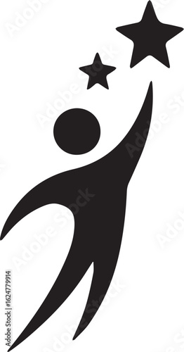 Silhouette of a person reaching for stars isolated on white background