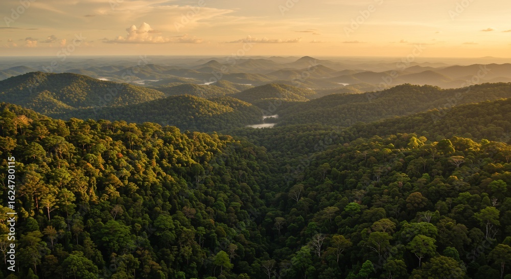 Fototapeta premium Endless Rainforest Hills Bathed in Golden Sunset's Hazy Glow