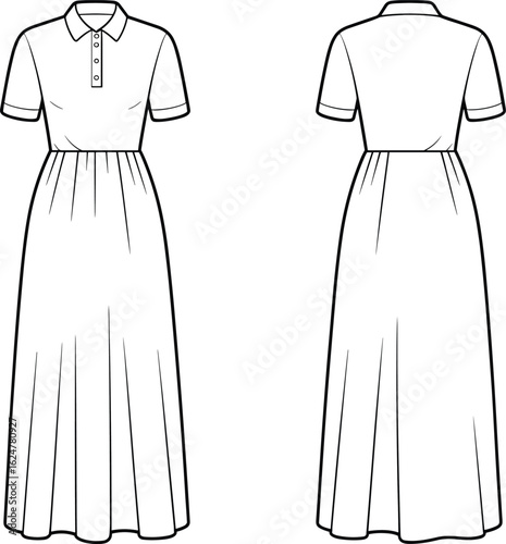 CAD drawing flat vector illustration of short sleeve polo collar maxi dress, fashion technical sketch front and back view