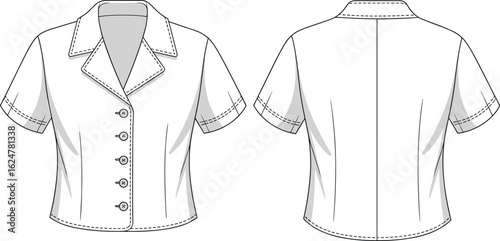 CAD drawing flat vector illustration of short sleeve collared shirt blouse with front buttons, waist shaping darts, and tailored back seams
