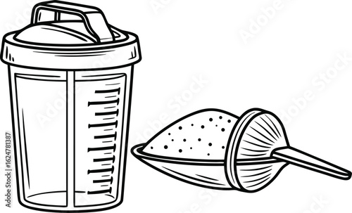 Protein Powder Scoop and Shaker Bottle Line Art
