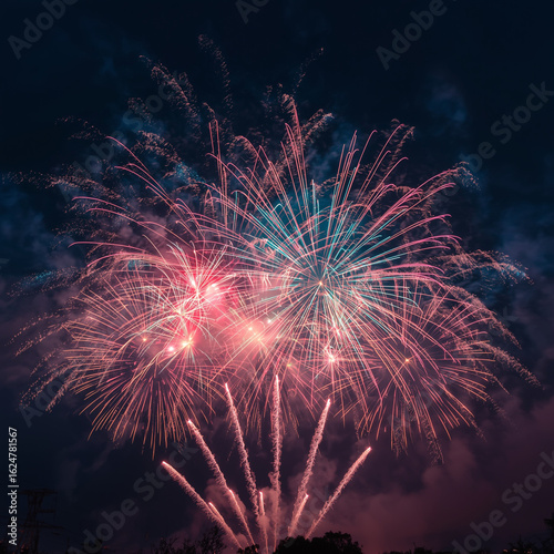 AI image of a vibrant fireworks festival illuminating the dark sky with exploding bursts of colorful lights, shimmering sparks, and trails of glowing embers