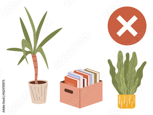 Box of books, potted plants, and a red circle with an X convey disorganization, clutter, or incorrect arrangements. Ideal for organization, storage, minimalism, decluttering restrictions