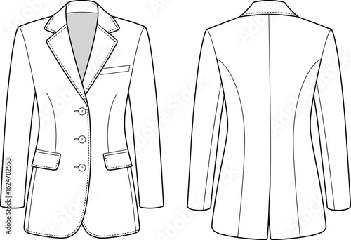 CAD drawing flat vector illustration of tailored blazer jacket front and back view, technical fashion sketch for formal office wear