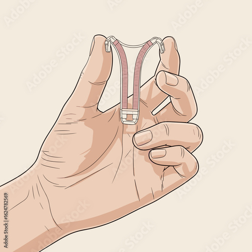 Hand holding pink suspenders in minimalist style on beige background  