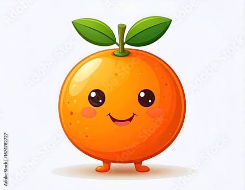 Cute Cartoon Orange with Smiling Face and Green Leaves in Playful Fruit Character Illustration