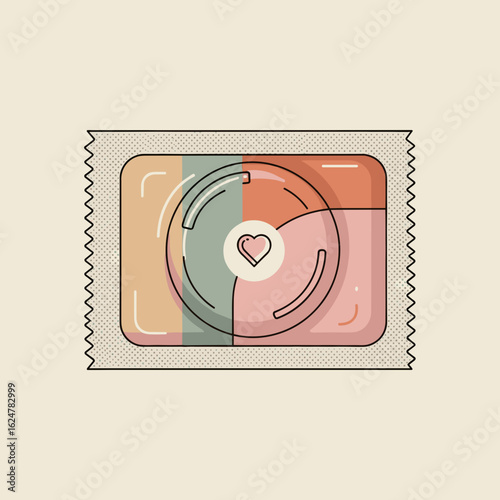Colorful condom package with heart design on beige background  