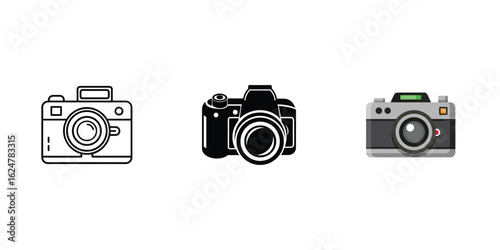A collection of camera graphics featuring line art, solid silhouettes, and vibrant full-color illustrations for diverse design needs.