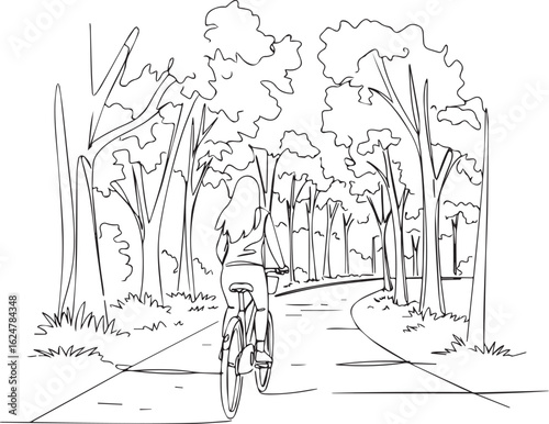 Line Art: Woman Cycling Through Tranquil Forest Path Embracing N