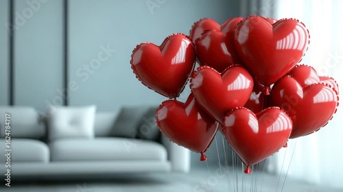 Red heart balloon decoration floating indoors near modern sofa in living room creating romantic love celebration with soft natural light enhancing cozy festive atmosphere