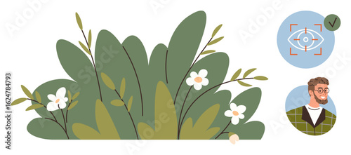 Foliage with flowers symbolizing nature, facial recognition target on eye, individual portrait verification. Ideal for technology, security, identity, privacy, AI, biometrics data visualization