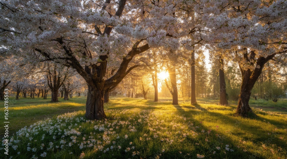 Naklejka premium Sunrise through cherry blossoms, dappled light