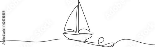 Minimalist One Line Drawing of Sailboat with Tall Sail in Black and White