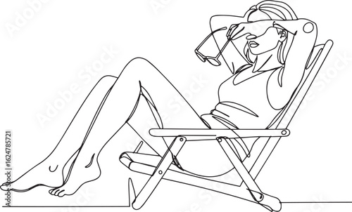Continuous line drawing portraying a woman reclining in a deck c