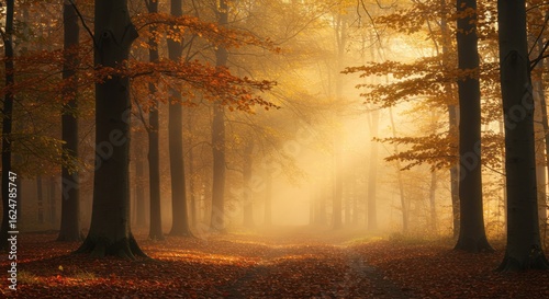 Fototapeta Naklejka Na Ścianę i Meble -  Autumn forest scene with sunlight shining through trees and leaves on ground.