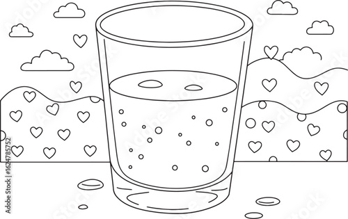 Stylized illustration of a glass of rice milk with heart and clo