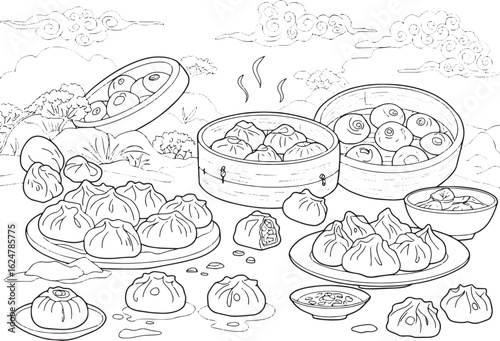 Detailed chinese jiaozi illustration with bamboo steamers and di