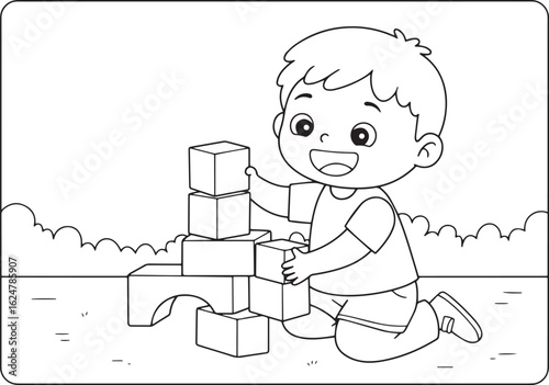 Cartoon illustration depicting a boy diligently constructing wit