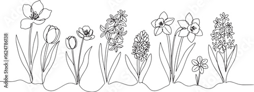 Continuous line drawing of diverse springtime flowers in minimal