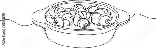 Minimalist depiction of classic french escargot dish in a line d