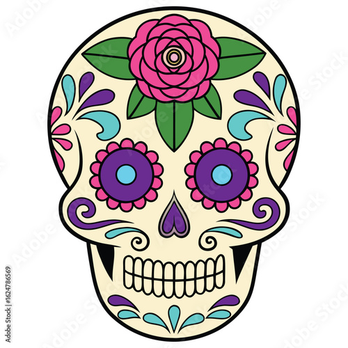 Holiday Sugar Skull Graphic with Decorative Patterns Editable Vector