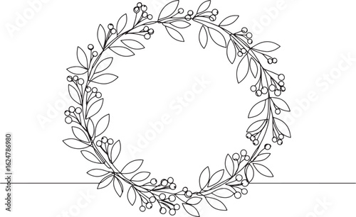Minimalist botanical wreath line art drawing with leaves and ber