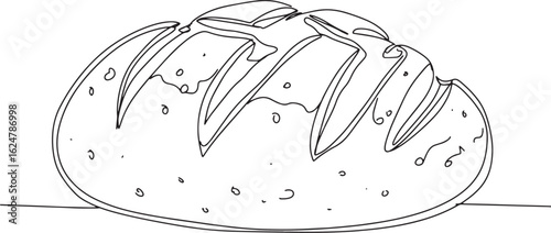 Monochrome line art illustration featuring a loaf of sourdough b