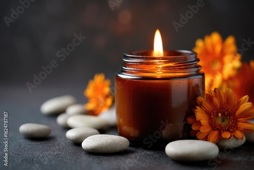Amber candle, orange flowers, and stones.  Calm scene