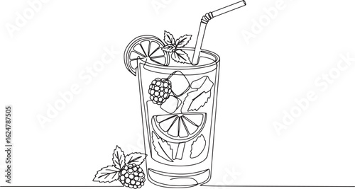 Elegant continuous line drawing of blackberry mojito cocktail wi