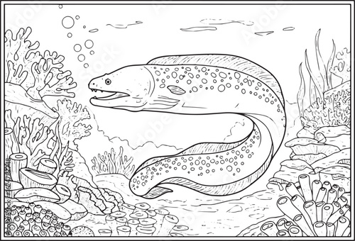 Enigmatic Moray Eel Illustration Amidst a Flourishing Coral Reef