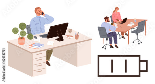 Office worker on phone at desk, colleagues in meeting, low battery icon. Ideal for work-life balance, productivity, stress, multitasking, teamwork, energy management and burnout simple flat metaphor