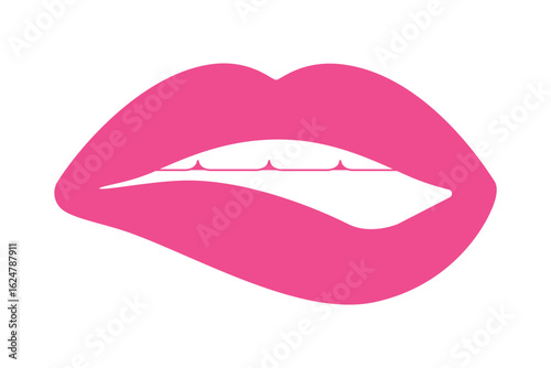 A sexy pink lips icon in a modern flat design style. A simple vector symbol of a woman biting her lip, representing love, passion, and sensuality. Isolated graphic element for web and print.