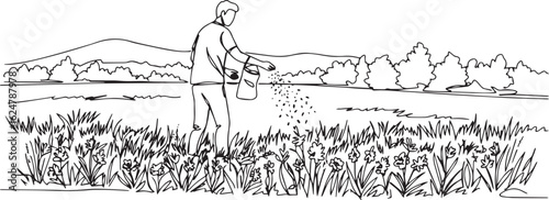 Line drawing of a man sowing seeds in a field restoring natural