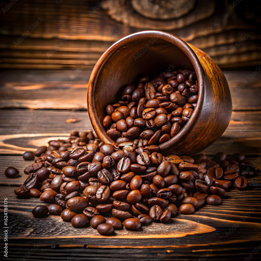 Fototapeta premium Dark wooden bowl spilling roasted coffee beans image