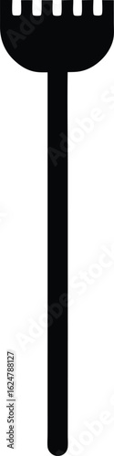 Black silhouette of a garden rake with tines and handle for yard work icon.eps