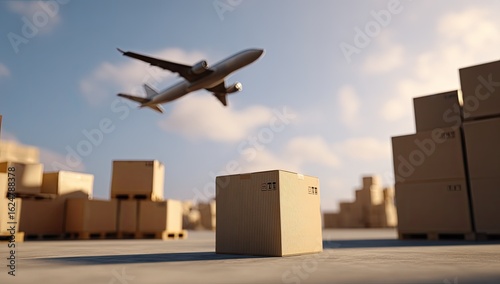 Cargo plane flying over a warehouse filled with cardboard boxes