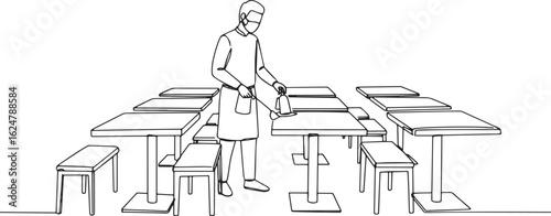 Waiter sanitizing tables to maintain hygiene standards in a rest