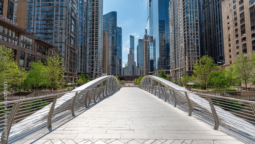 Fototapeta premium A straight walkway in Chicago, made of stainless steel mesh with no railings on the sides, is empty, leading to downtown buildings and green trees. The sky above it has clear blue skies.