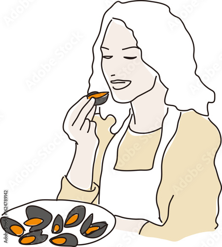 Illustration de femme en train de manger des moules marinières