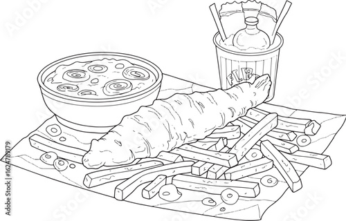 Whimsical British Delights: Hand-Drawn Fish, Chips, and Gravy Li