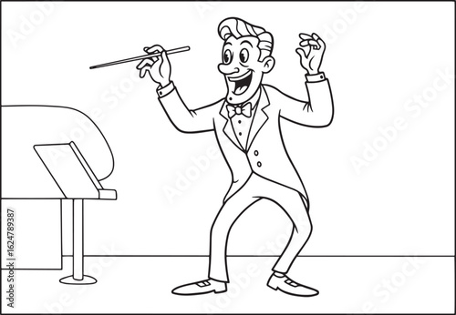 Enthusiastic music conductor directing orchestra performance wit