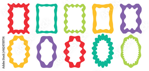 Wavy frame border set. Wavy Scalloped Rectangular and Oval Frames Collection. Fun colorful vertical groovy 60s squiggly zigzag text frame. eps file. 