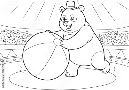 Cute cartoon panda in a circus ring balancing or playing with a