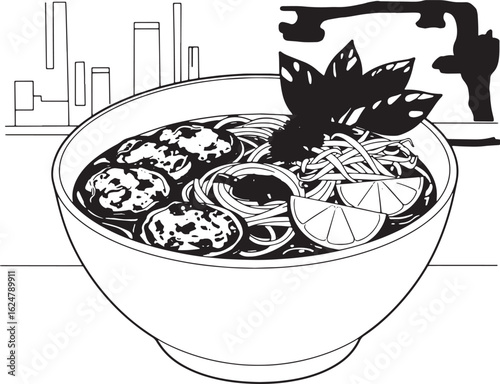 Illustration of delicious bowl of Vietnamese Pho with urban skyl