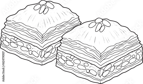Hand-Drawn Illustration of Two Pieces of Baklava Sweet Pastry De