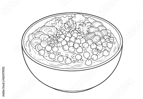 Monochrome hummus bowl illustration featuring chickpeas and fres