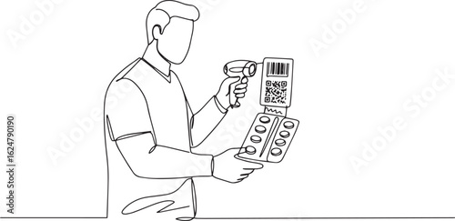 Continuous line drawing of a man scanning a barcode on medicine
