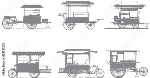 A collection of silhouette elements of traditional Asian street food carts. Suitable for promotional elements such as banners, social media, flyers, and roll-up banners.