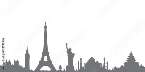 Iconic vector silhouettes of the Eiffel Tower, Statue of Liberty, and metropolis buildings, simple flat style, perfect for flyer elements, banner headers, book covers, and social media decoration.