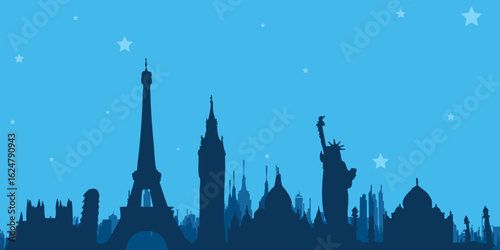 Vector silhouettes featuring the Eiffel Tower, Statue of Liberty, and iconic skyscrapers, in a minimal style.